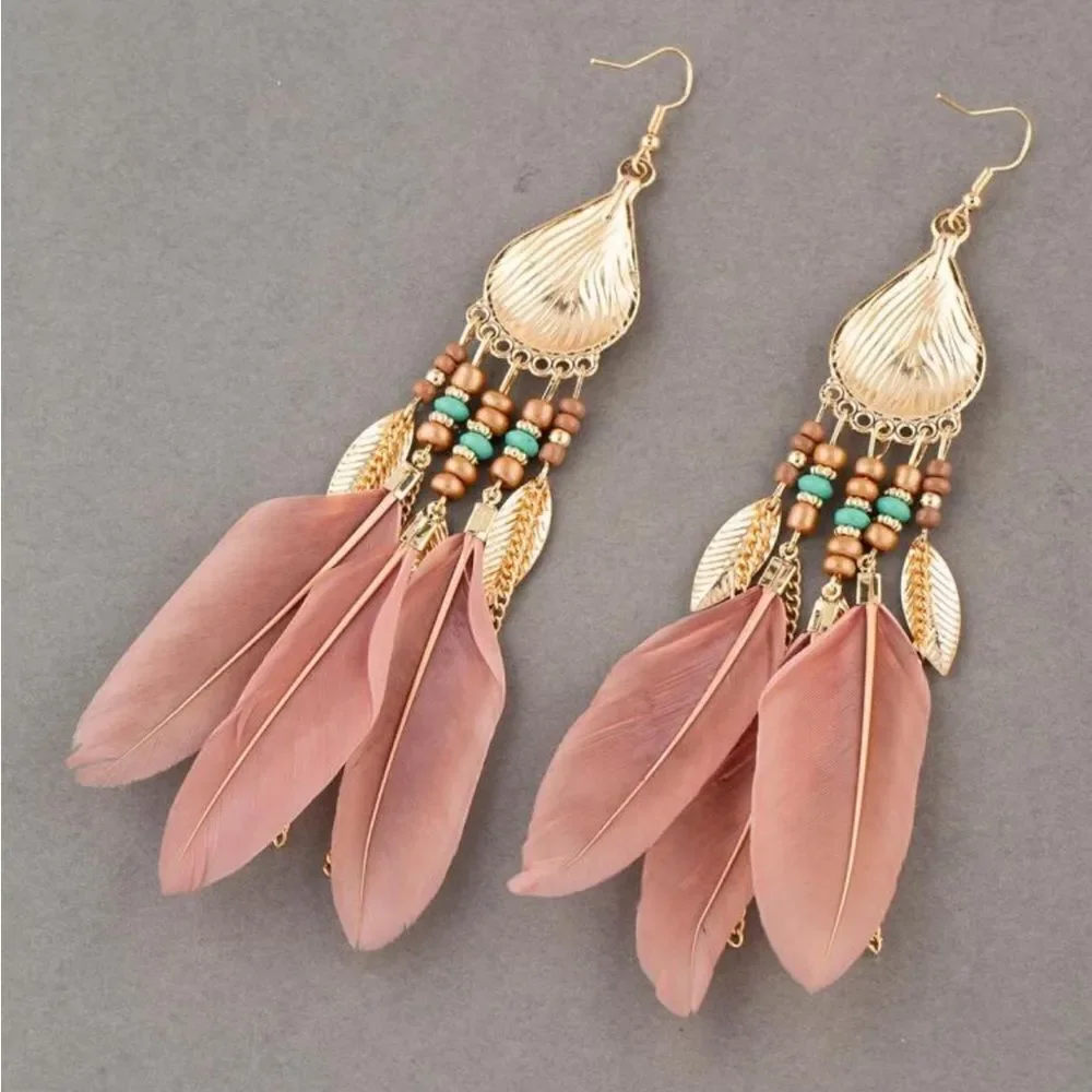 Vintage Style Feather Tassel Earrings‎ with Stainless Steel studs
